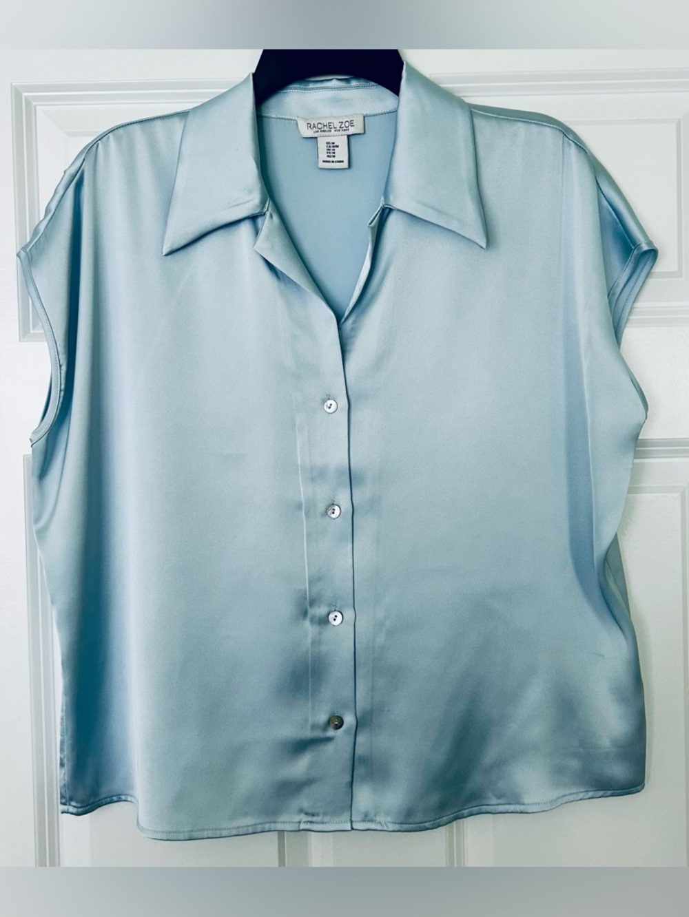 Rachel Zoe Pale Blue Satin Button-Up Cap Sleeve Blouse